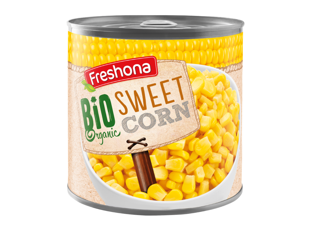 Консерва с органична сладка царевица, с етикет, изобразяващ купа с царевични зърна.