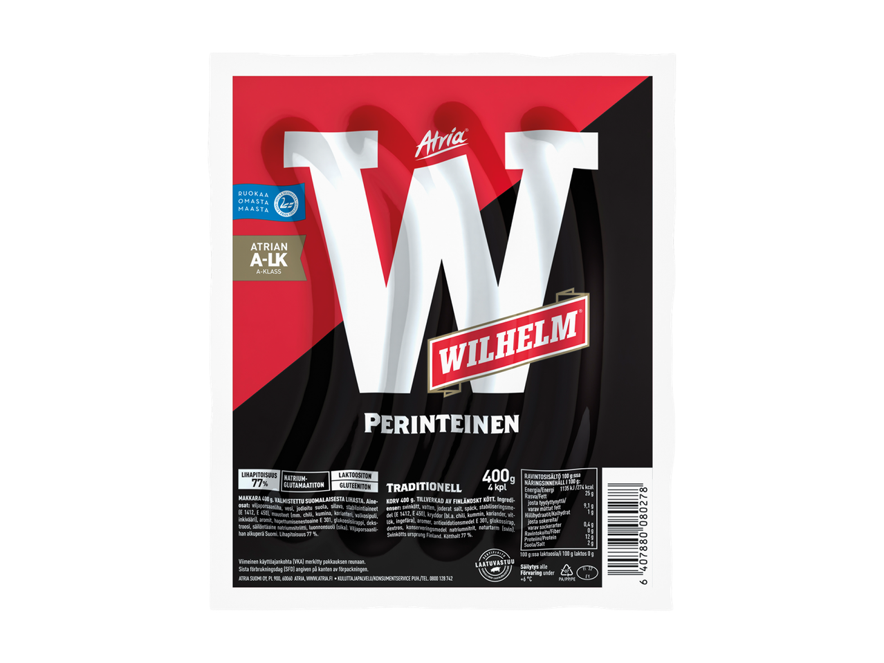 Perinteinen makkara, jossa on suuri W-kirjain ja ravintosisältötiedot.