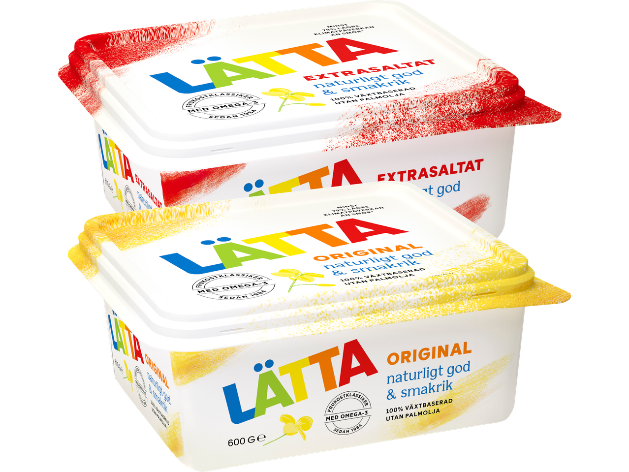 Två förpackningar med växtbaserat smörgåsfett, en extrasaltad och en original.