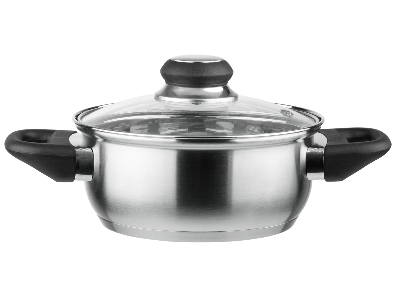 Casserole en acier inoxydable avec couvercle en verre et poignées noires.