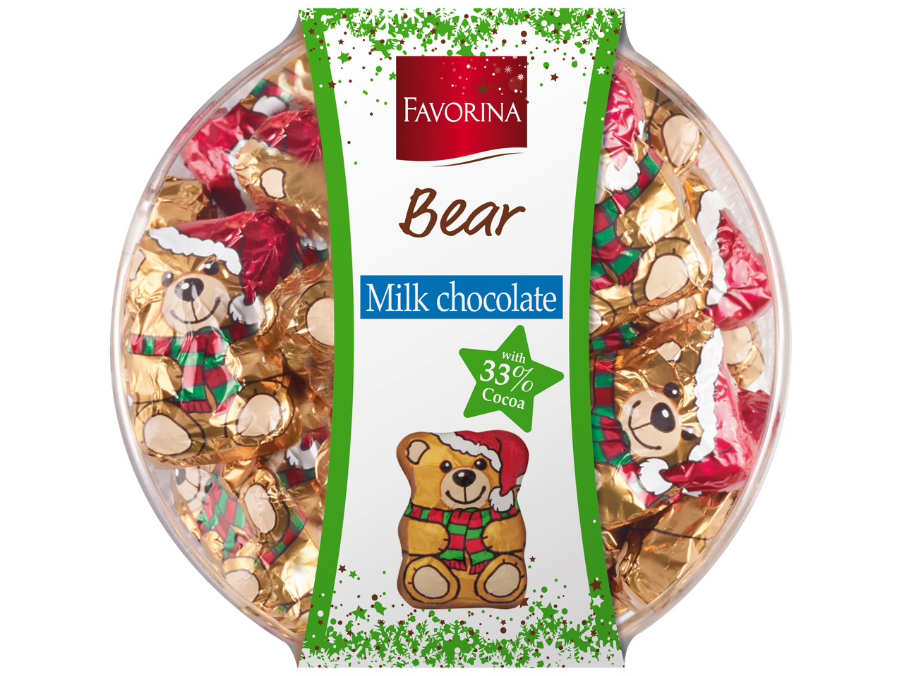 Favorina pieninio šokolado meškiukai šventinėje pakuotėje, su 33% kakavos.