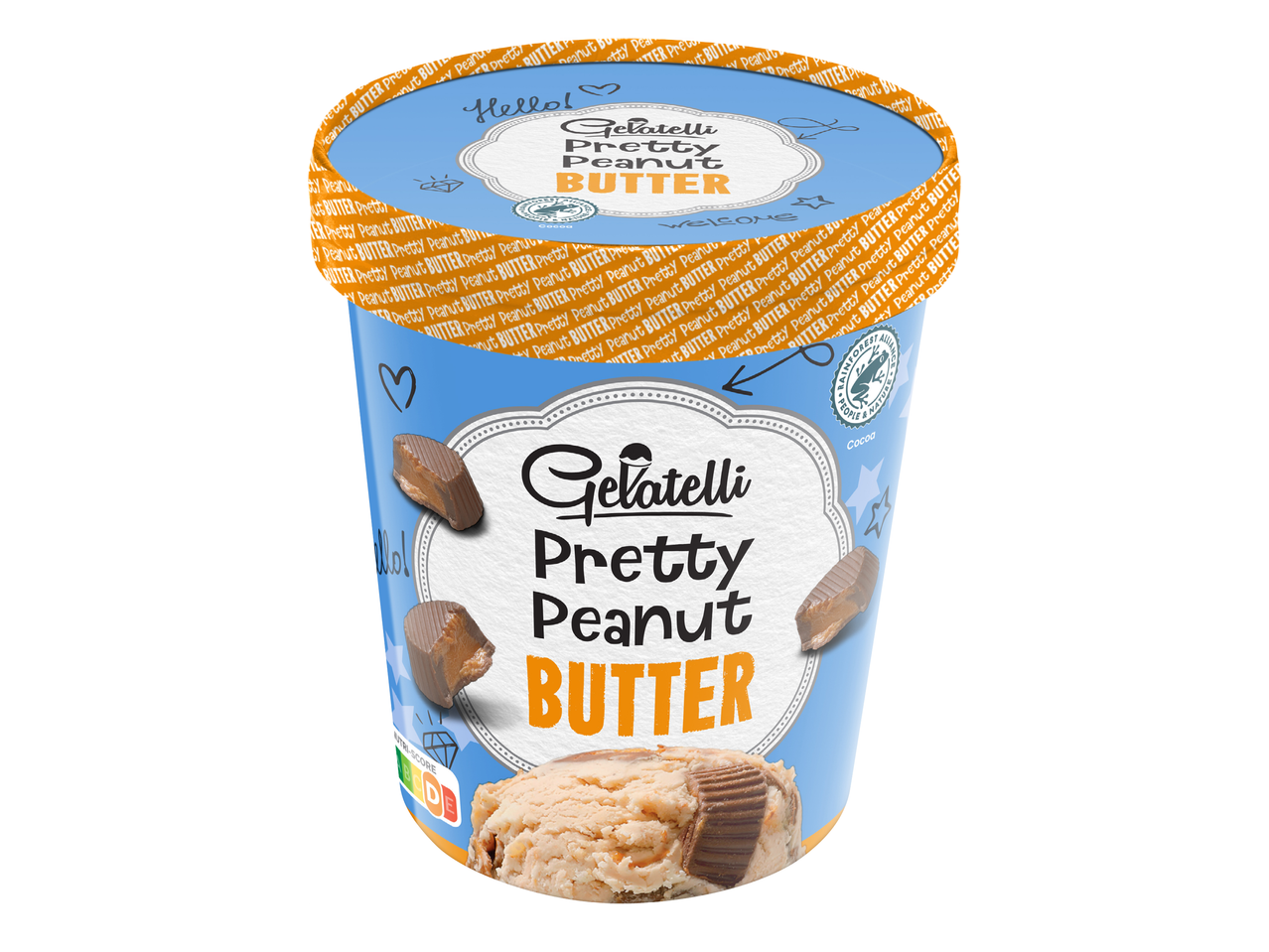 Сладолед с фъстъчено масло в синя опаковка с надпис „Pretty Peanut Butter“.
