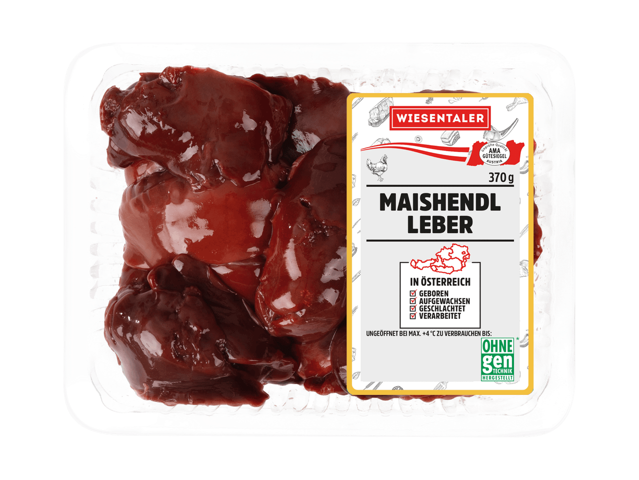 Wiesentaler Maishendl Leber, 370g Packung, aus Österreich, ohne Gentechnik hergestellt.