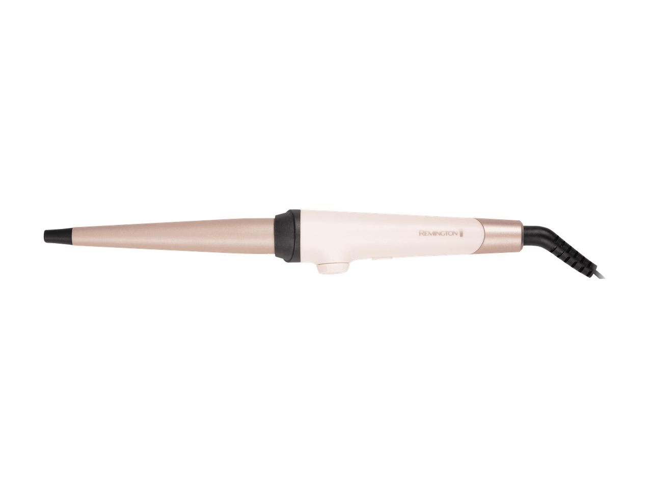 Roségold-weißer konischer Lockenstab mit schwarzem Kabel.