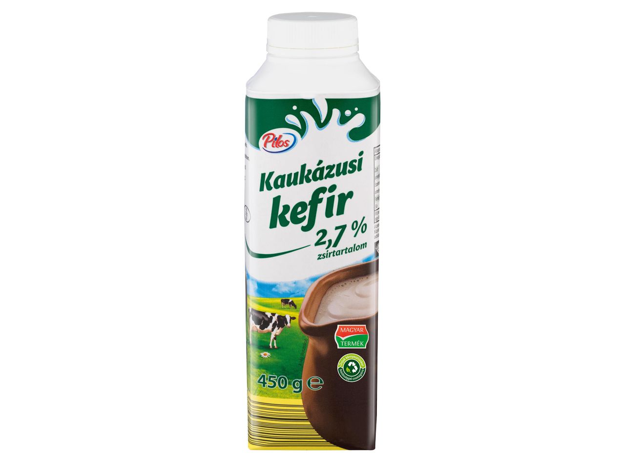 Pilos Kaukázusi kefir, 2,7%-os zsírtartalommal, 450g-os kiszerelésben.