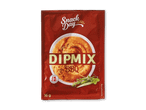 En rød pose med dipmix med BBQ-smag, der viser en skål med dip og krydderurter.