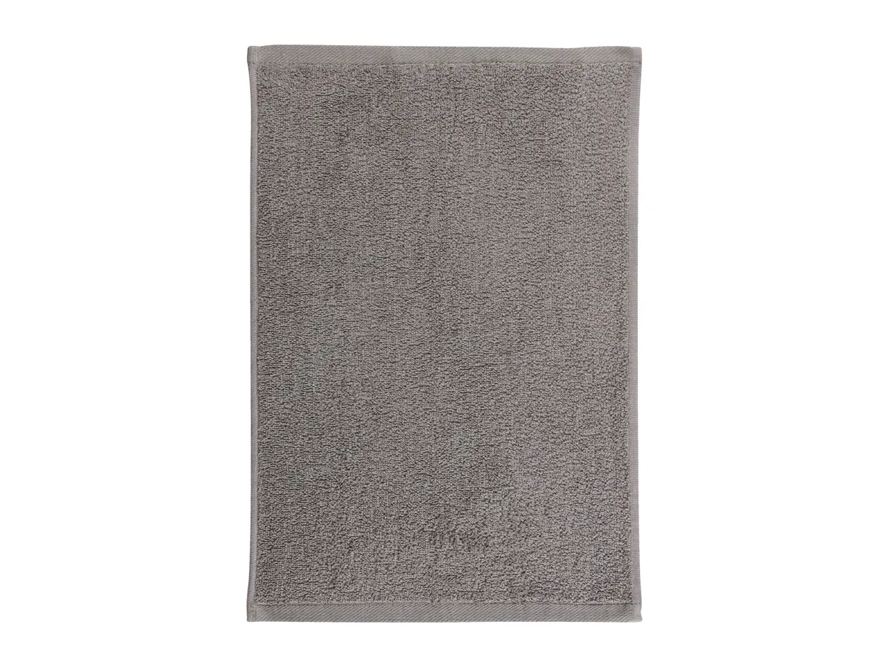 A rectangular gray hand towel with a textured surface and finished edges.