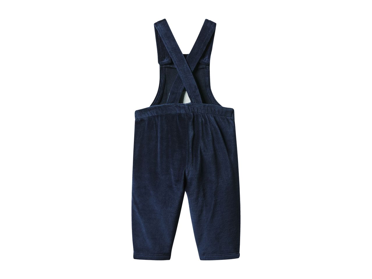 Dark blue velvet baby overalls with criss-cross straps on the back