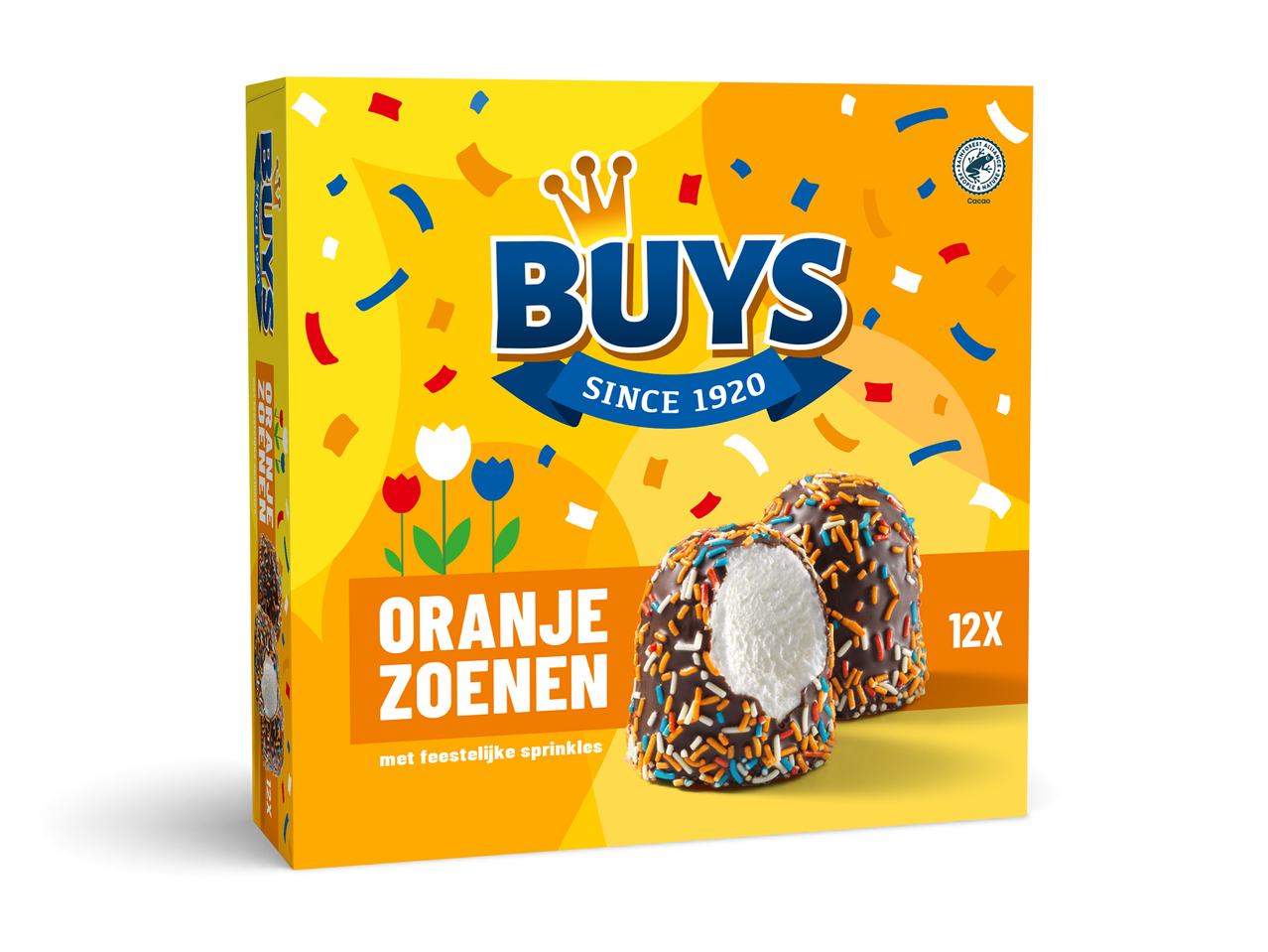 Doos met oranje zoenen met feestelijke sprinkles, 12 stuks.