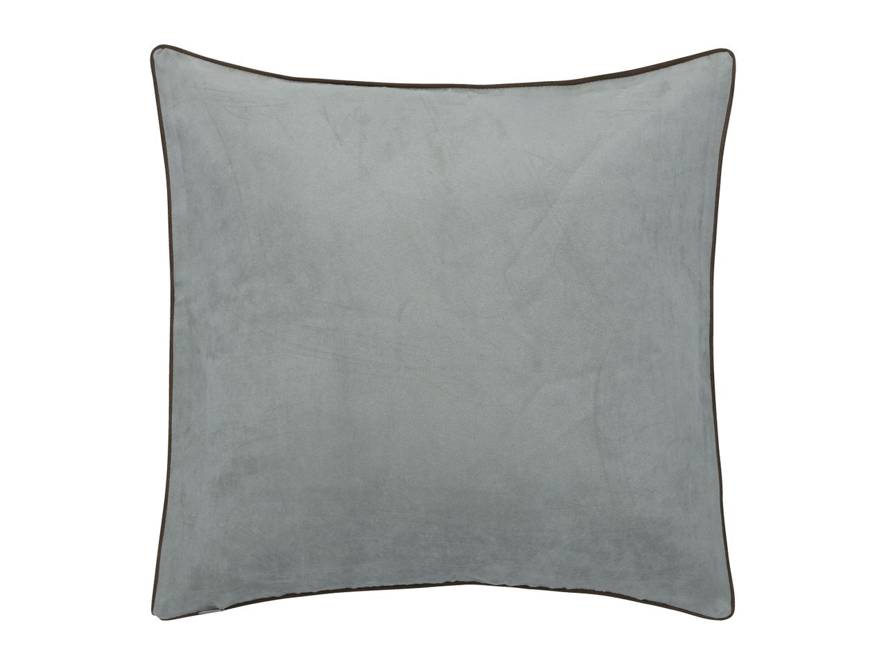 A light gray velvet throw pillow with dark brown piping on a white background.