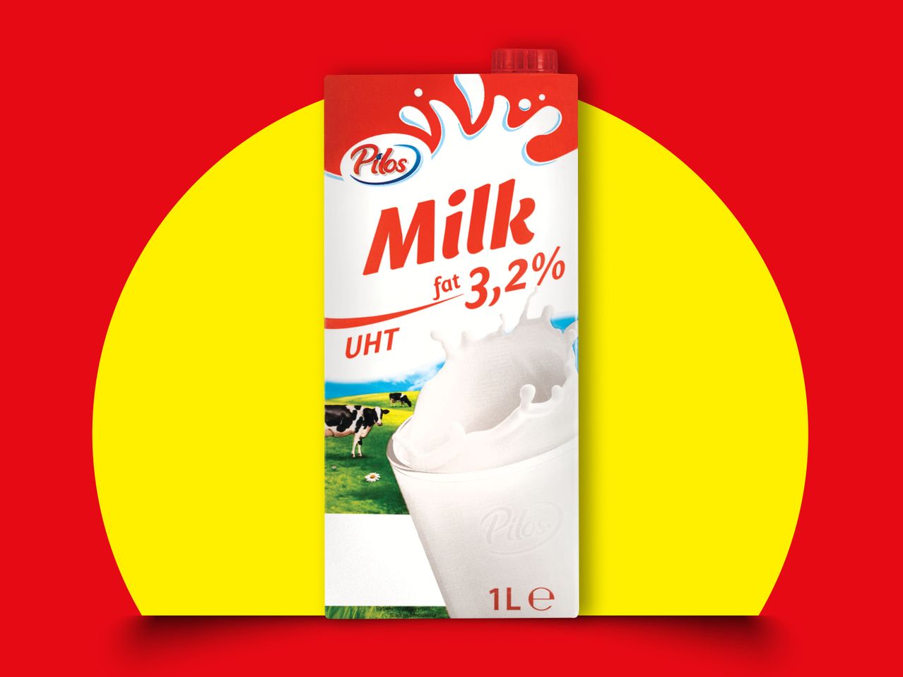 Pilos piens ar 3,2% tauku saturu, 1 litrs, uz sarkana un dzeltena fona.