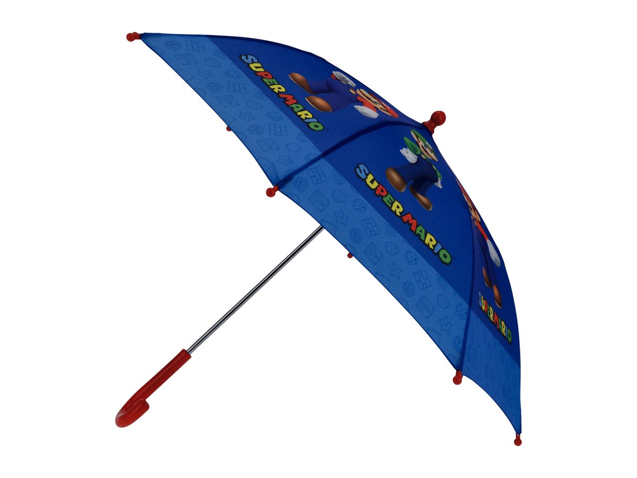 A blue Super Mario umbrella featuring Mario and Luigi characters and game-themed patterns.
