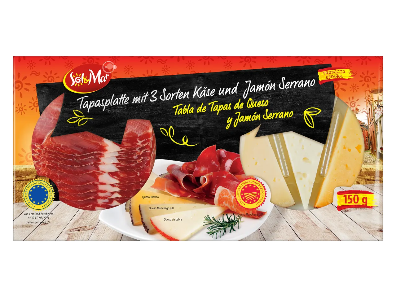Sol&Mar Tapasplatte mit Jamón Serrano und 3 Käsesorten.