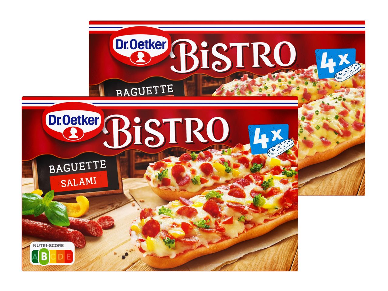 Zwei Dr. Oetker Bistro Baguettes, eine mit Schinken und Käse, die andere mit Salami und Gemüse.