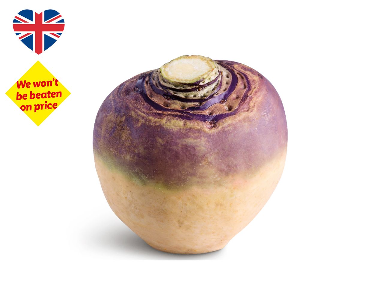 A swede with a heart-shaped Union Jack and a 'We won't be beaten on price' label.