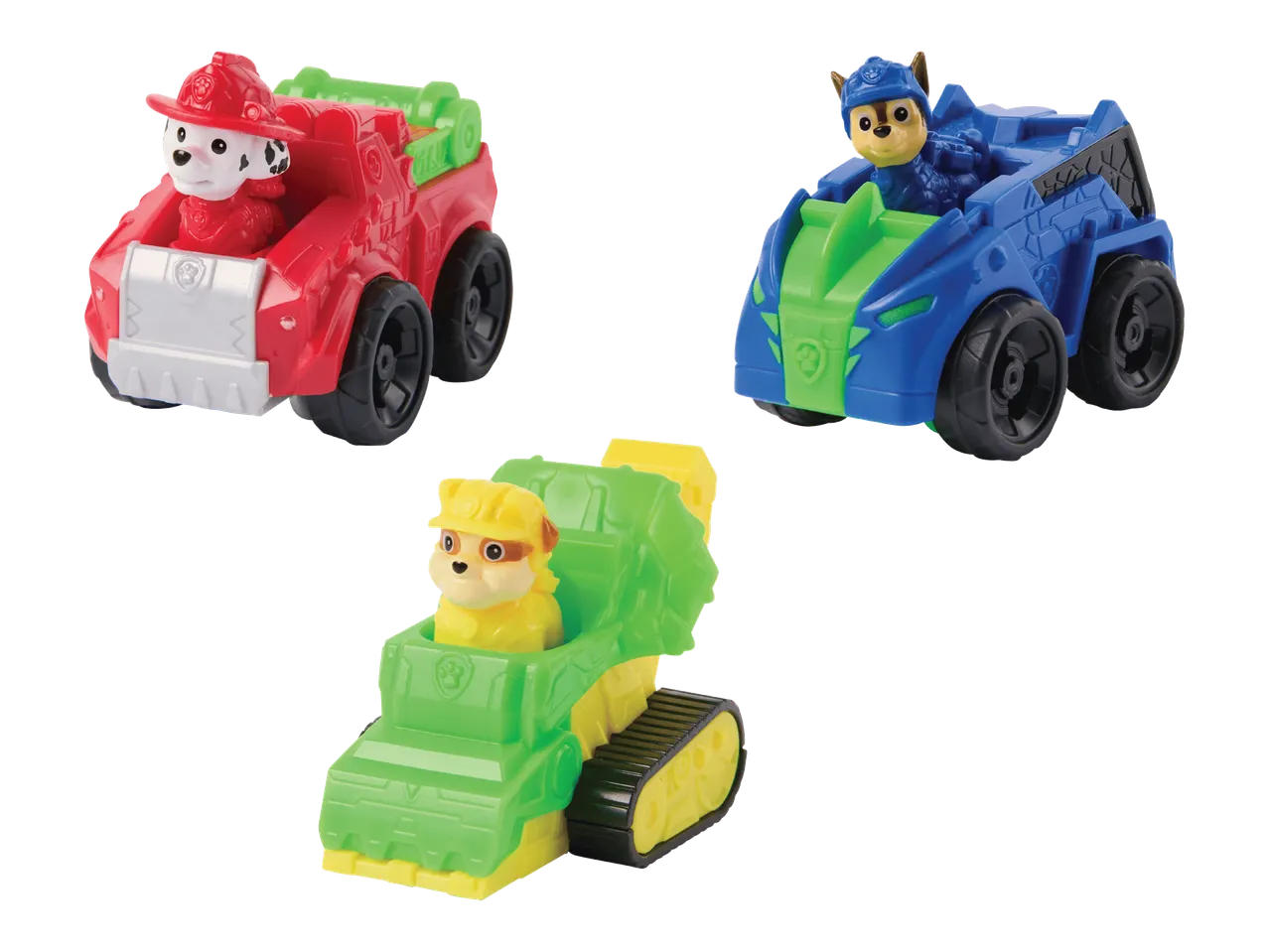 Kolme Paw Patrol -ajoneuvoa: punainen paloauto, sininen poliisiauto ja vihreä kaivuri.