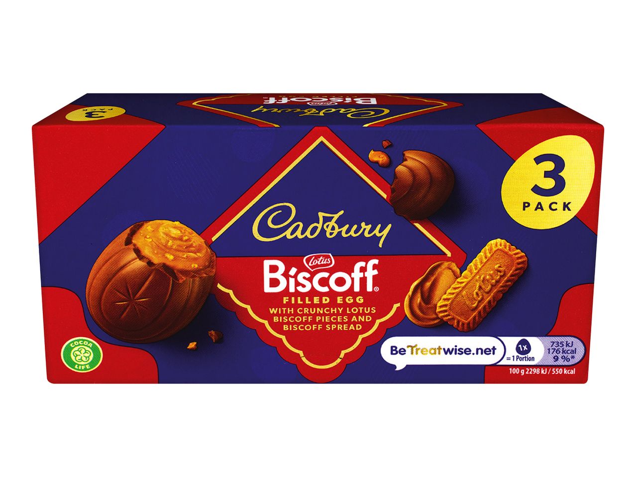 Three-pack of chocolate filled eggs with crunchy biscuit pieces and spread.