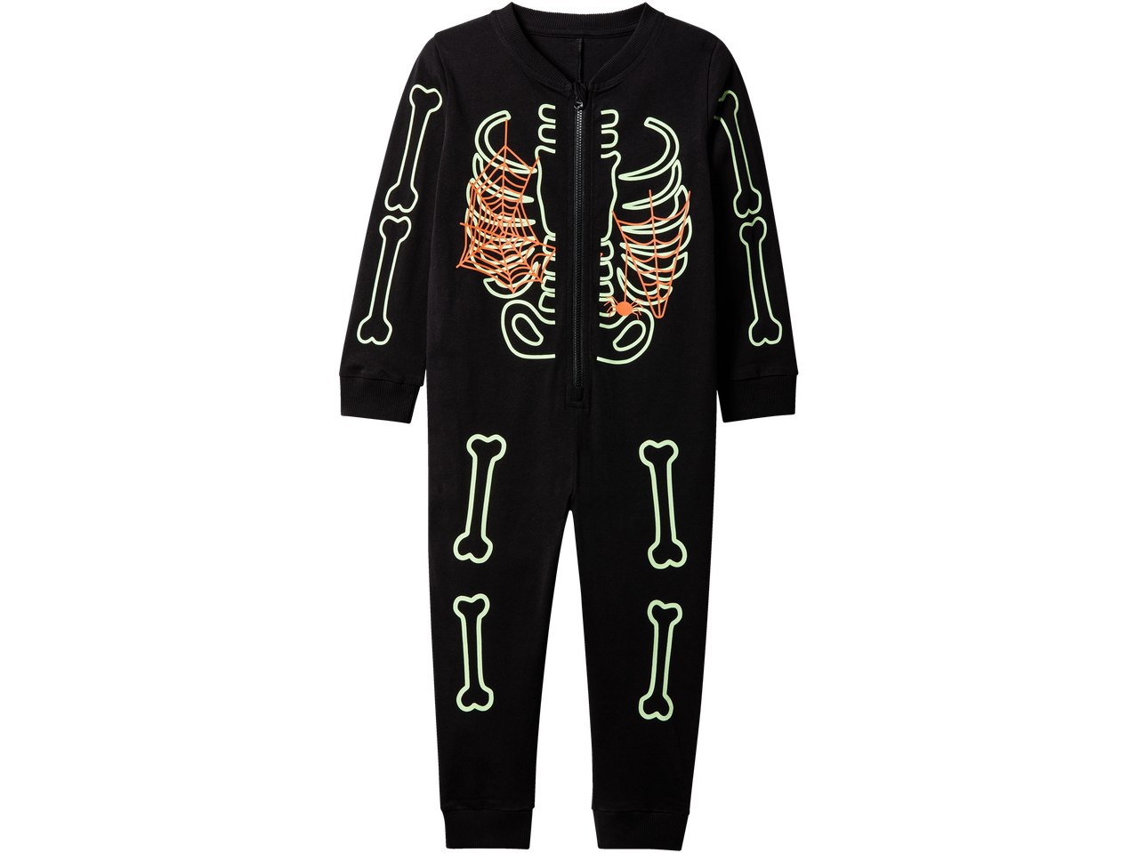 lupilu® Pijama: salopetă neagră pentru copii cu model schelet și pânză de păianjen fosforescente