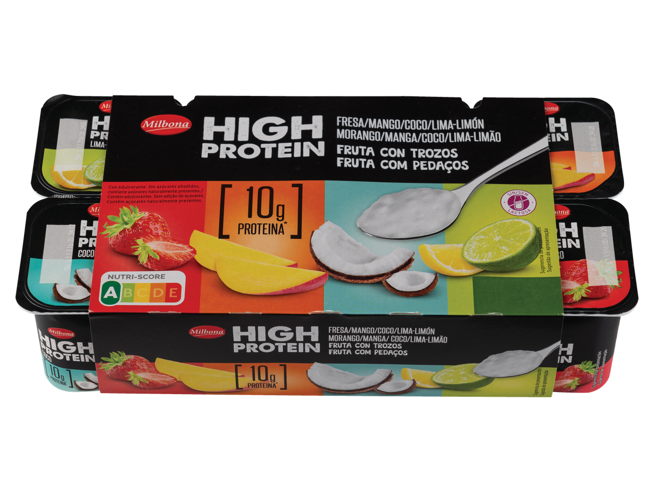 Iogurte Milbona rico em proteína com sabores de morango, manga, coco e lima.