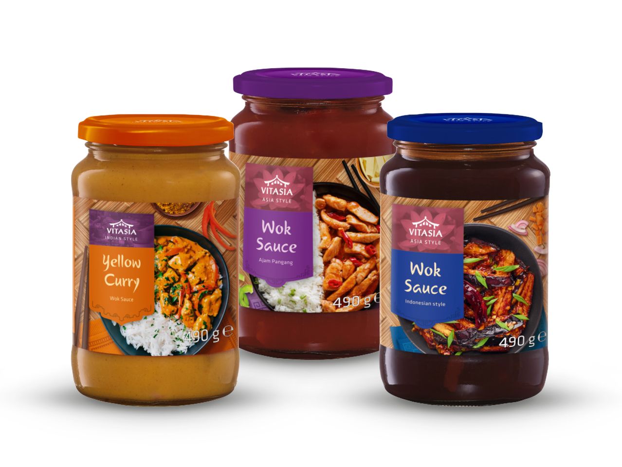 Tri staklenke Vitasiina umaka za wok: žuti curry, Ajam Pangang i indonezijski stil.