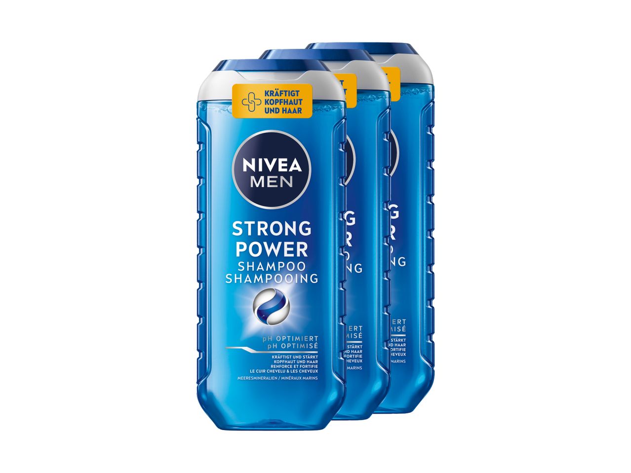 Drei Flaschen Nivea Men Strong Power Duschgel.