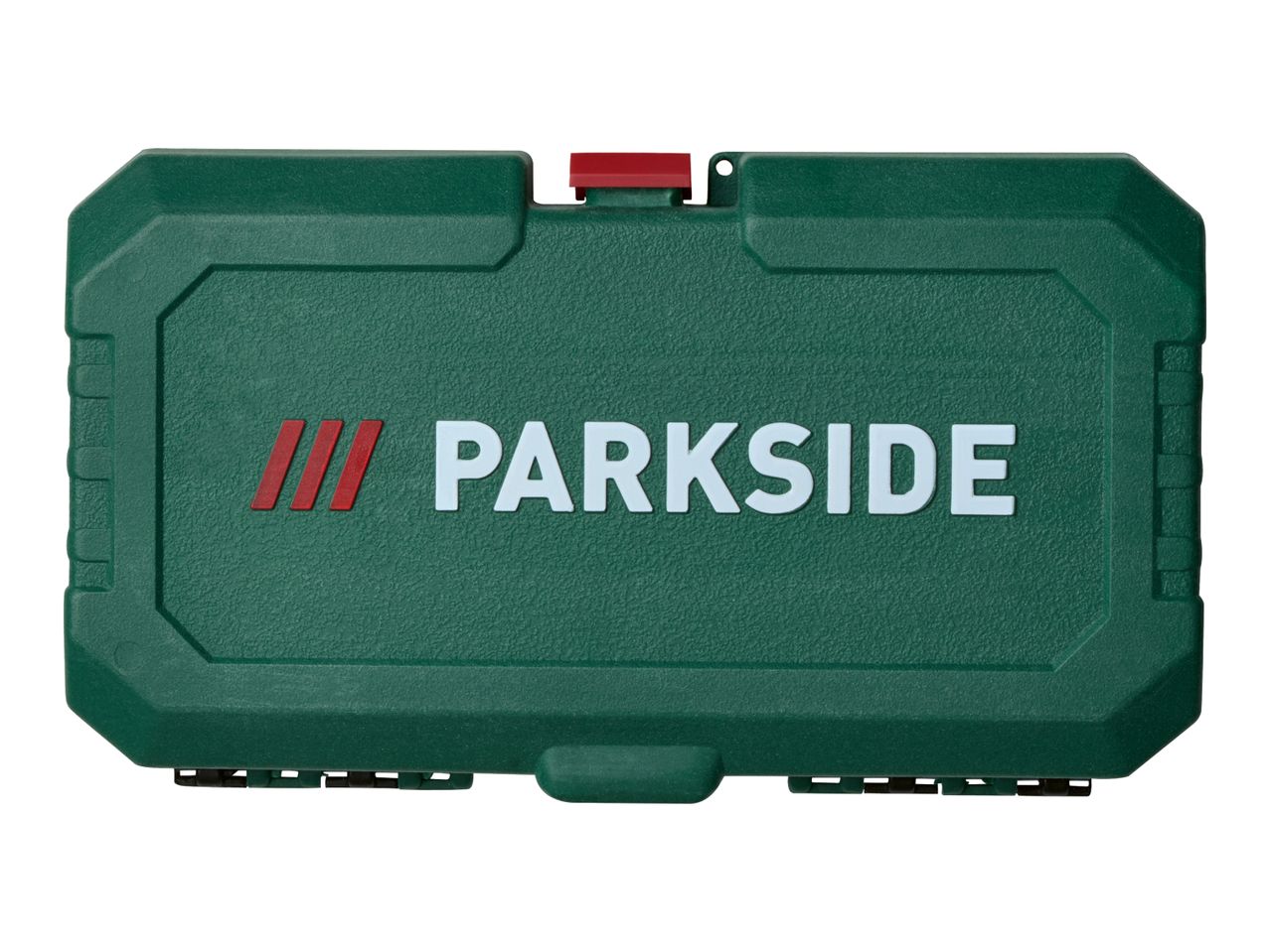 Green plastic tool case with red latch and white lettering