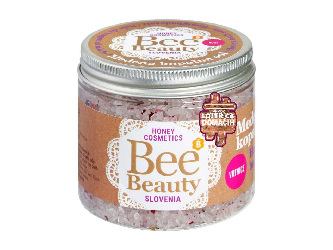 Kozarec medene kopalne soli Bee Beauty z vonjem vrtnice.