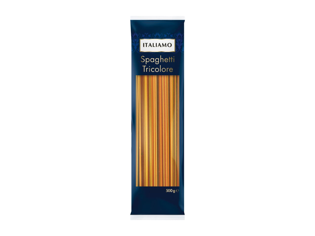Packet of tricolore spaghetti with a dark blue label and decorative pattern.
