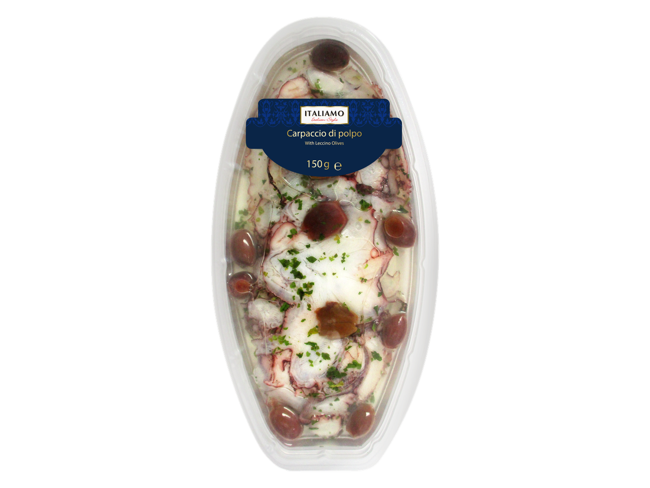 Italiamo prekės ženklo aštuonkojų karpačas su Leccino alyvuogėmis.