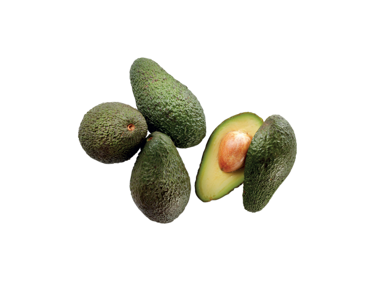 Quattro avocado interi e uno tagliato a metà con il nocciolo visibile su sfondo nero.