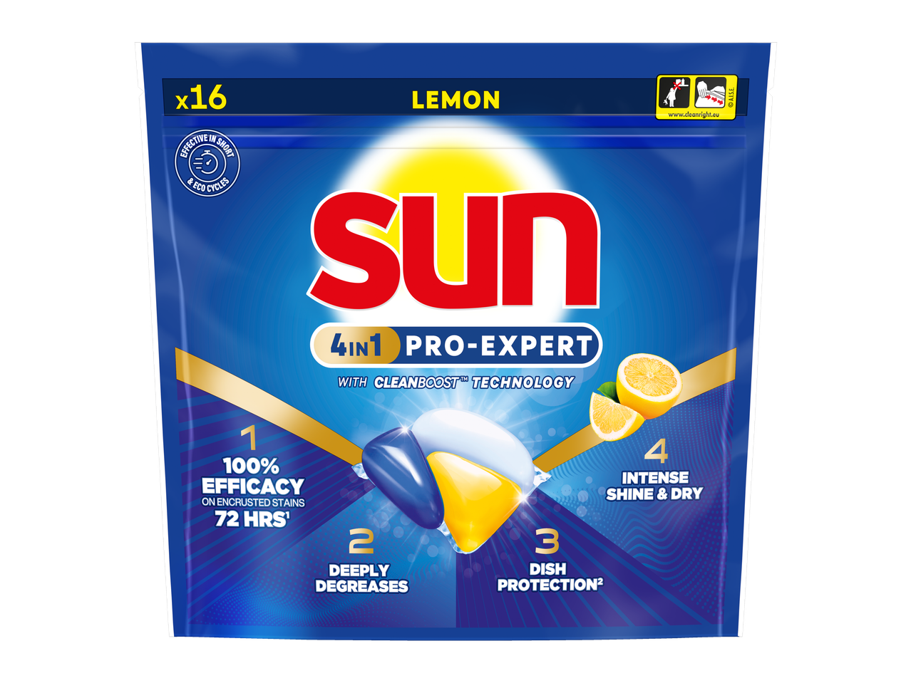 SUN Pro-expert vaatwastabs, 16 stuks, citroen, 4-in-1 met Cleanboost-technologie.
