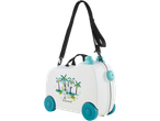 White kids' ride-on suitcase with teal wheels and a jungle animal design, text reads 'GO bananas!'