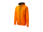 Moletom laranja com zíper e capuz.