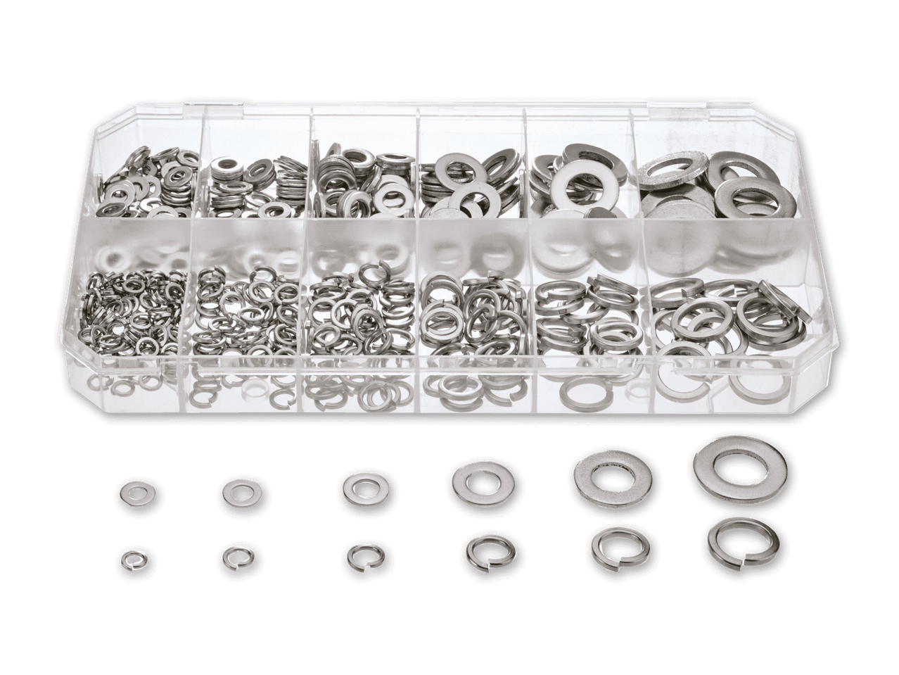 Sortiment an kleinen Metallteilen und Dichtungen in einer Sortierbox.