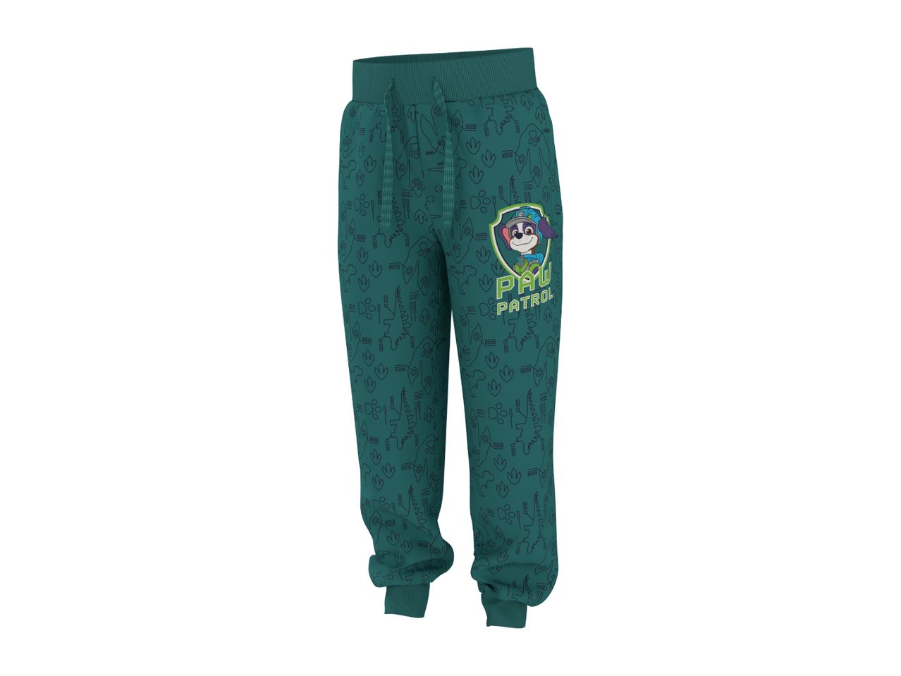 Kids' green joggers with a dinosaur pattern and a cartoon dog character badge.