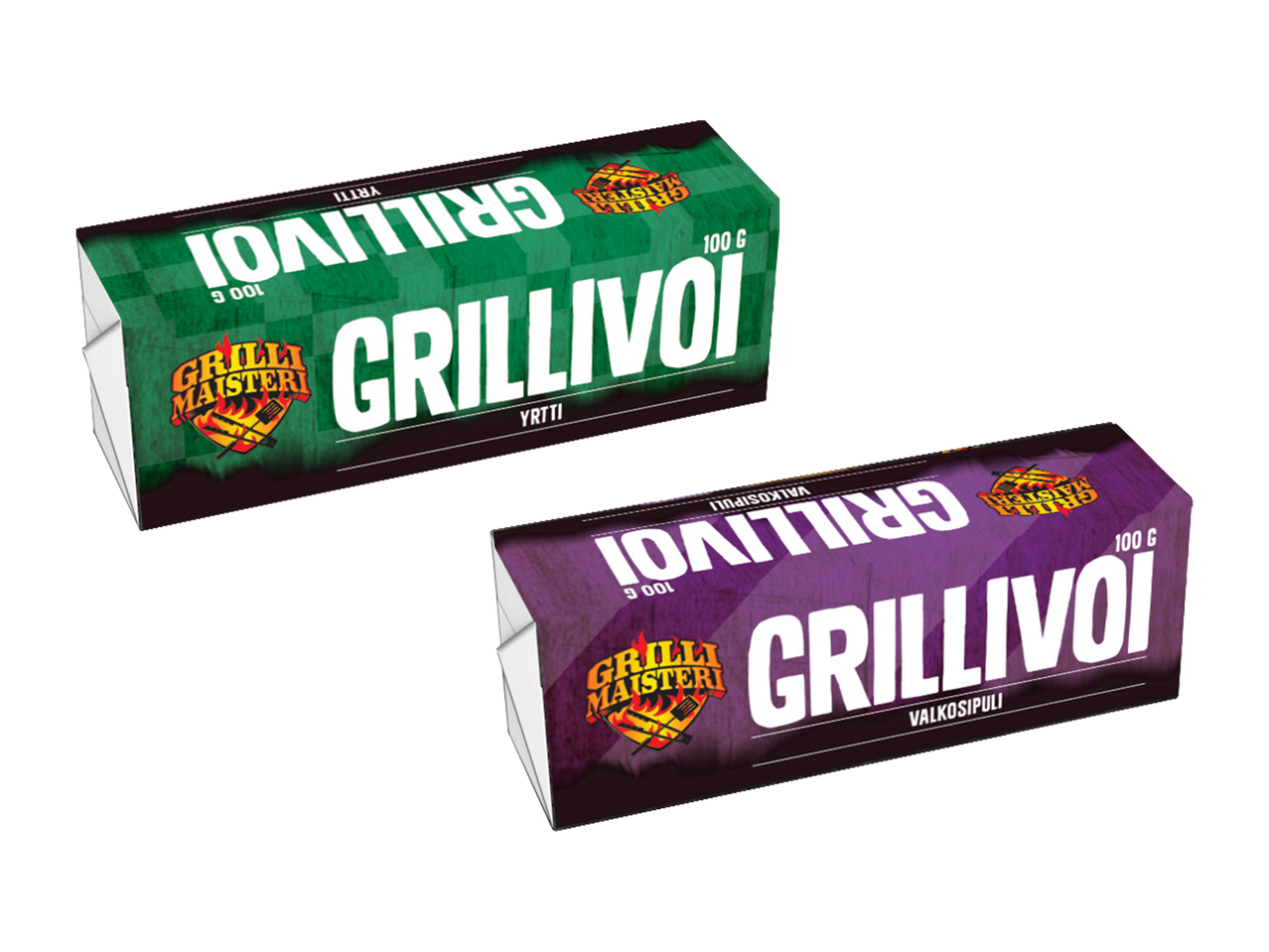 Kaksi pakkausta grillivoita, toinen yrtti- ja toinen valkosipulimakuinen.