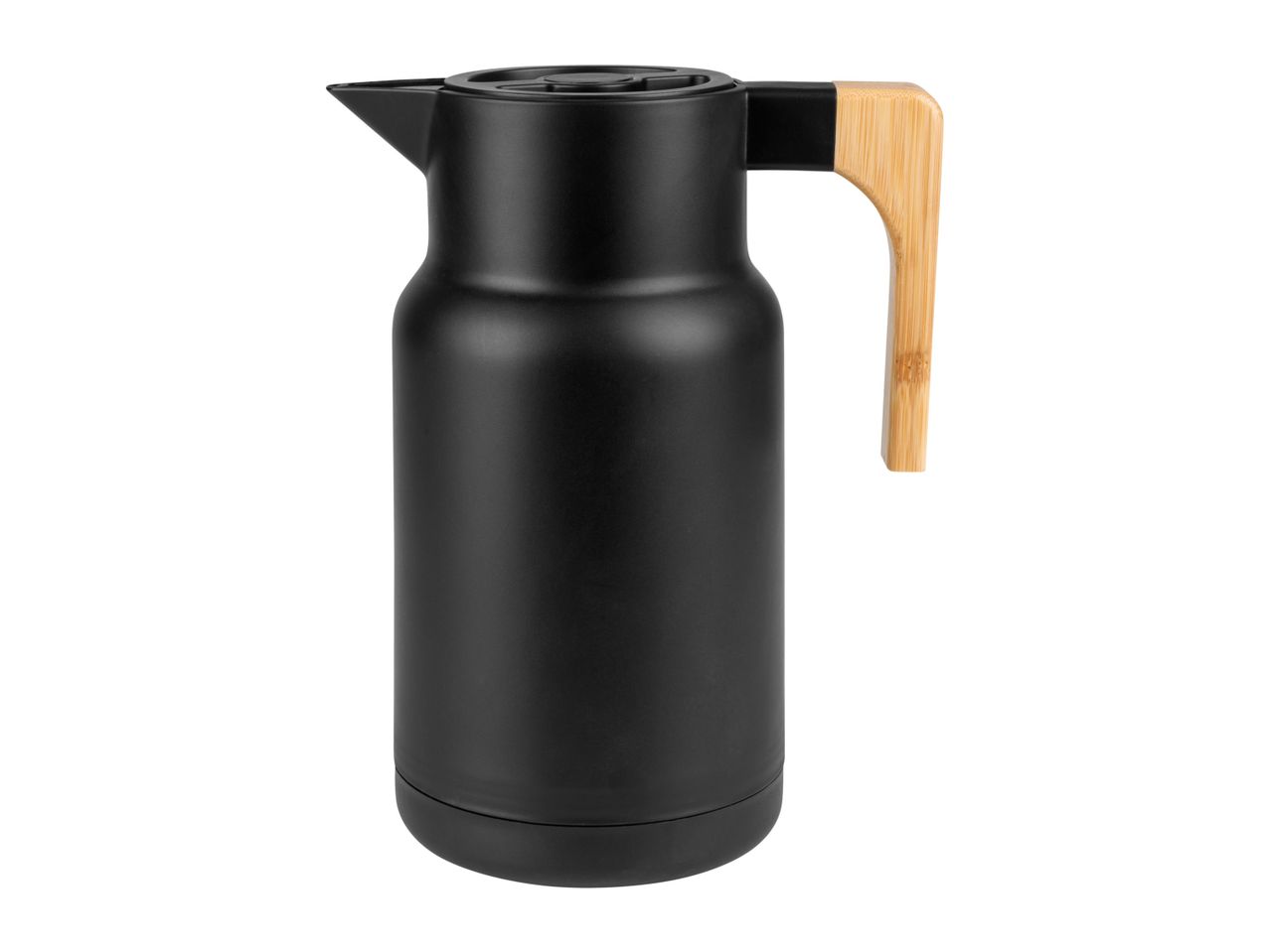 Black thermal carafe with bamboo handle.