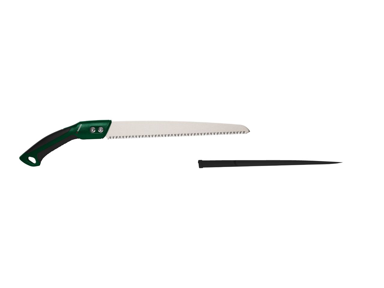 A pruning saw with a green and black handle, and a black protective sheath.