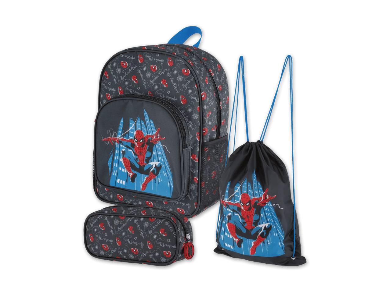 Spider-Man Schulranzen-Set: Rucksack, Turnbeutel und Federmäppchen im coolen Design.