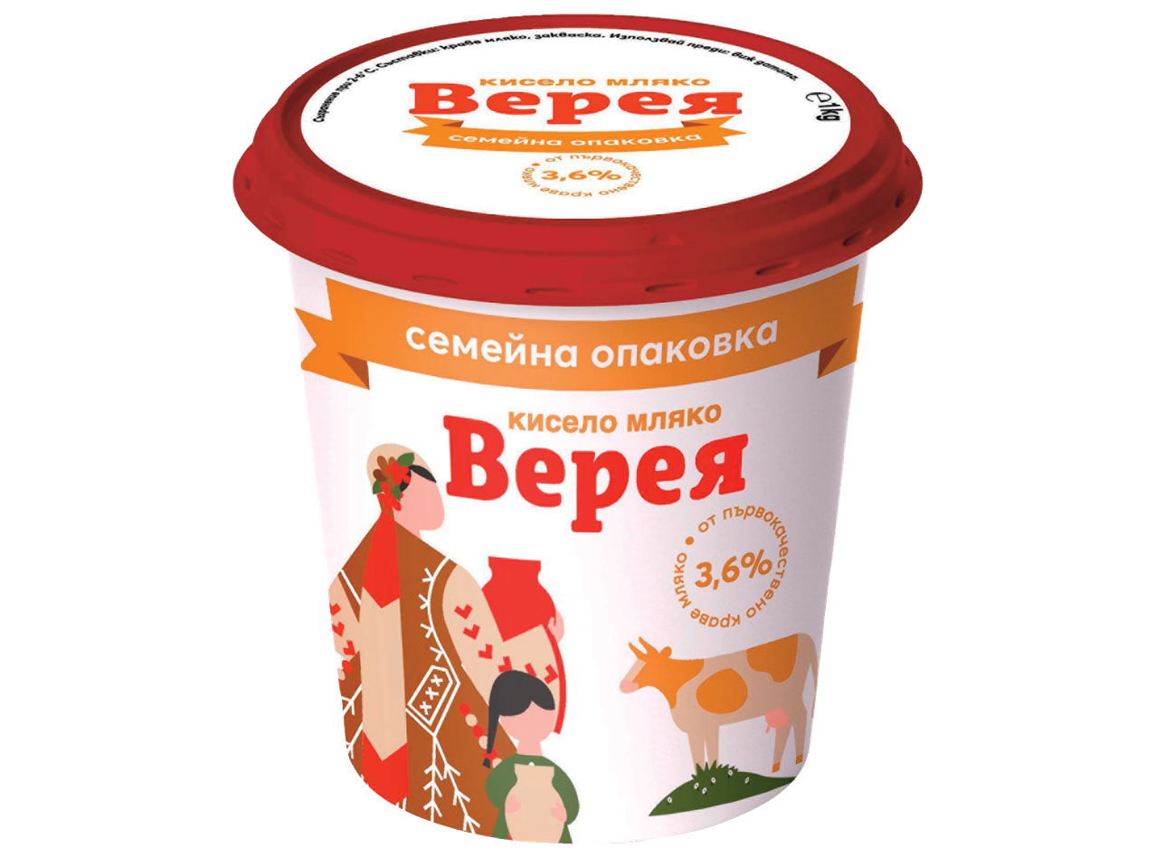 Кофичка кисело мляко с надпис „семейна опаковка“, 3,6% масленост, с илюстрации на жена, дете и крава.