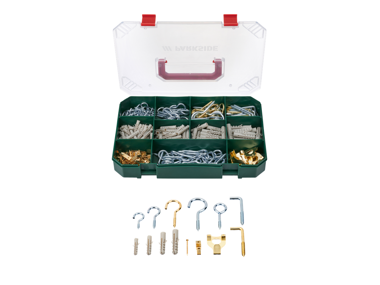 Caixa organizadora com parafusos, buchas, ganchos e suportes para quadros.