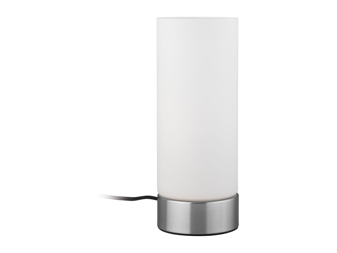 Cylindrical table lamp with a white frosted glass shade and a brushed metal base.
