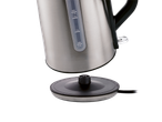 Stainless steel electric kettle with water level indicator and black base.