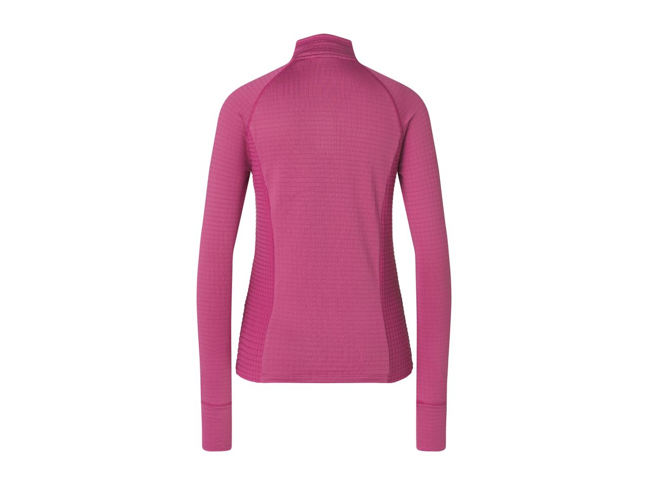 Back view of a women's pink long-sleeve zip-up top.
