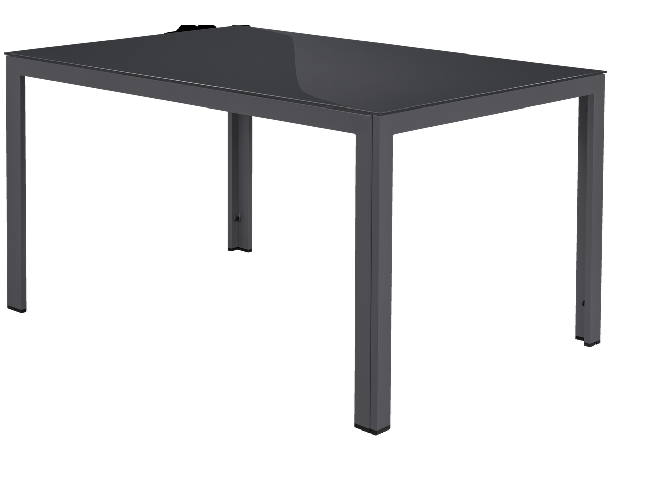 Mesa retangular cinzenta com tampo de vidro e estrutura metálica.