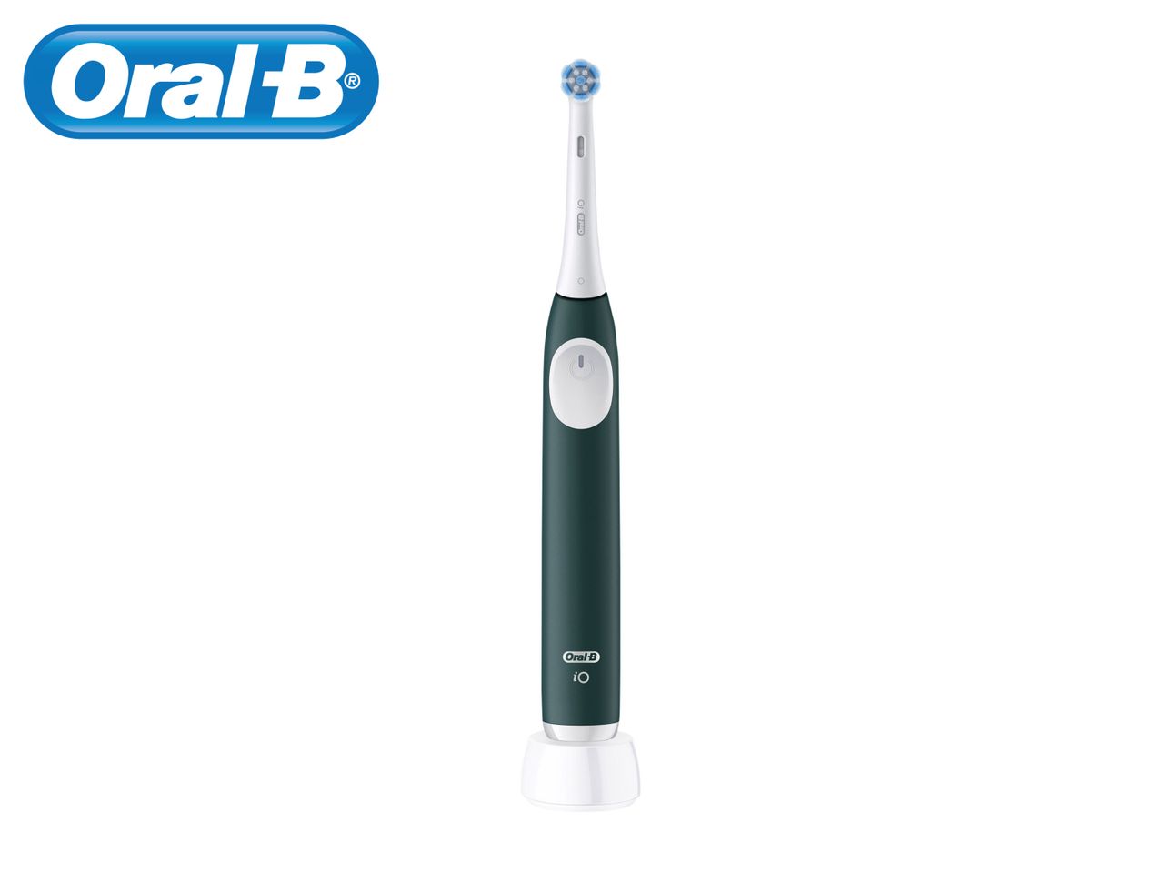 An Oral-B electric toothbrush in dark green.