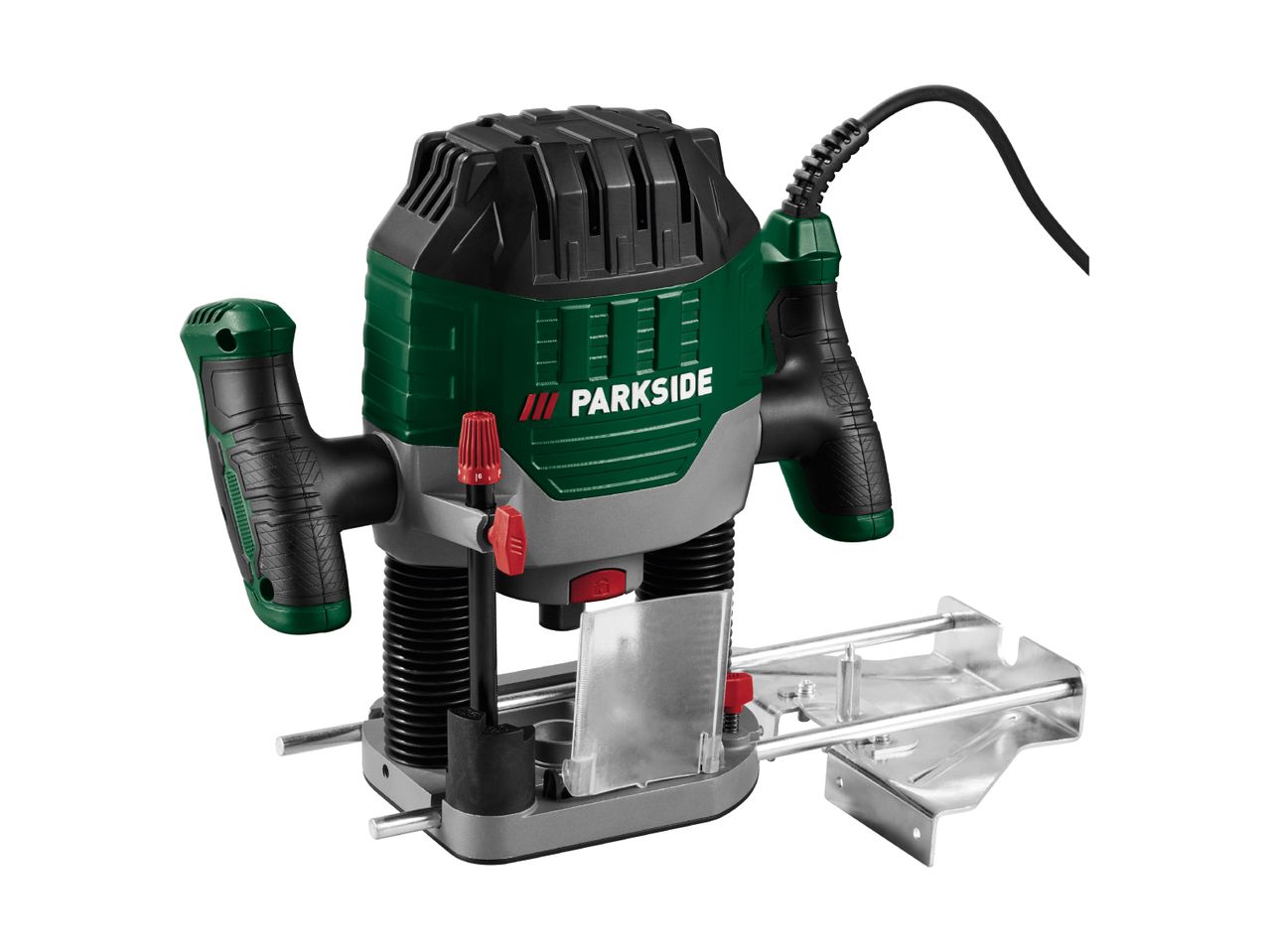 Green and black plunge router with a parallel guide attachment on a white background.