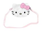 Hello Kitty plush crossbody bag with pink polka dot strap.