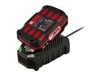 A 20V 2Ah rechargeable battery charging on a black charger.