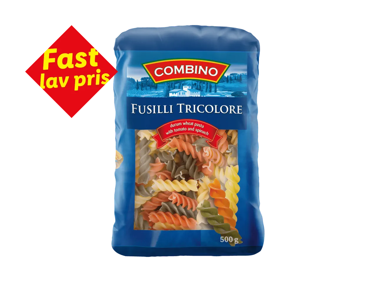 Pakke med tricolore fusilli pasta med et rødt mærke, der siger 'Fast lav pris'.
